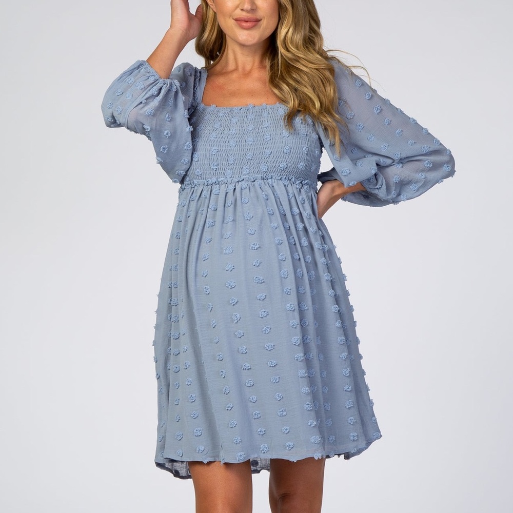 PinkBlush Blue Textured Dot Smocked Square Neck Chiffon Maternity Dress, size L